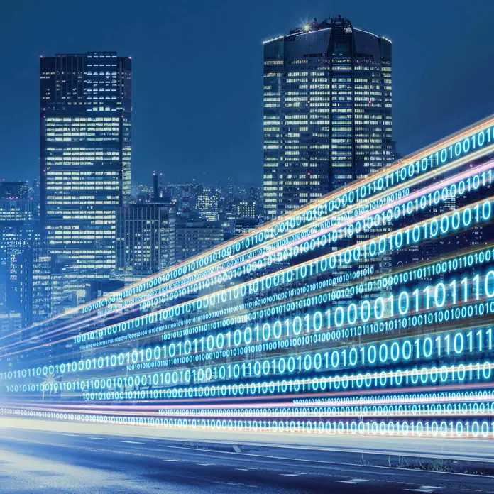 Binary data with cityscape in the background
