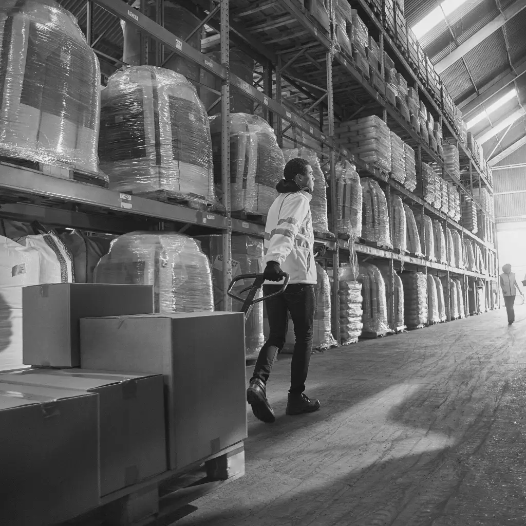 Black and white image of picker pulling boxes in a warehouse