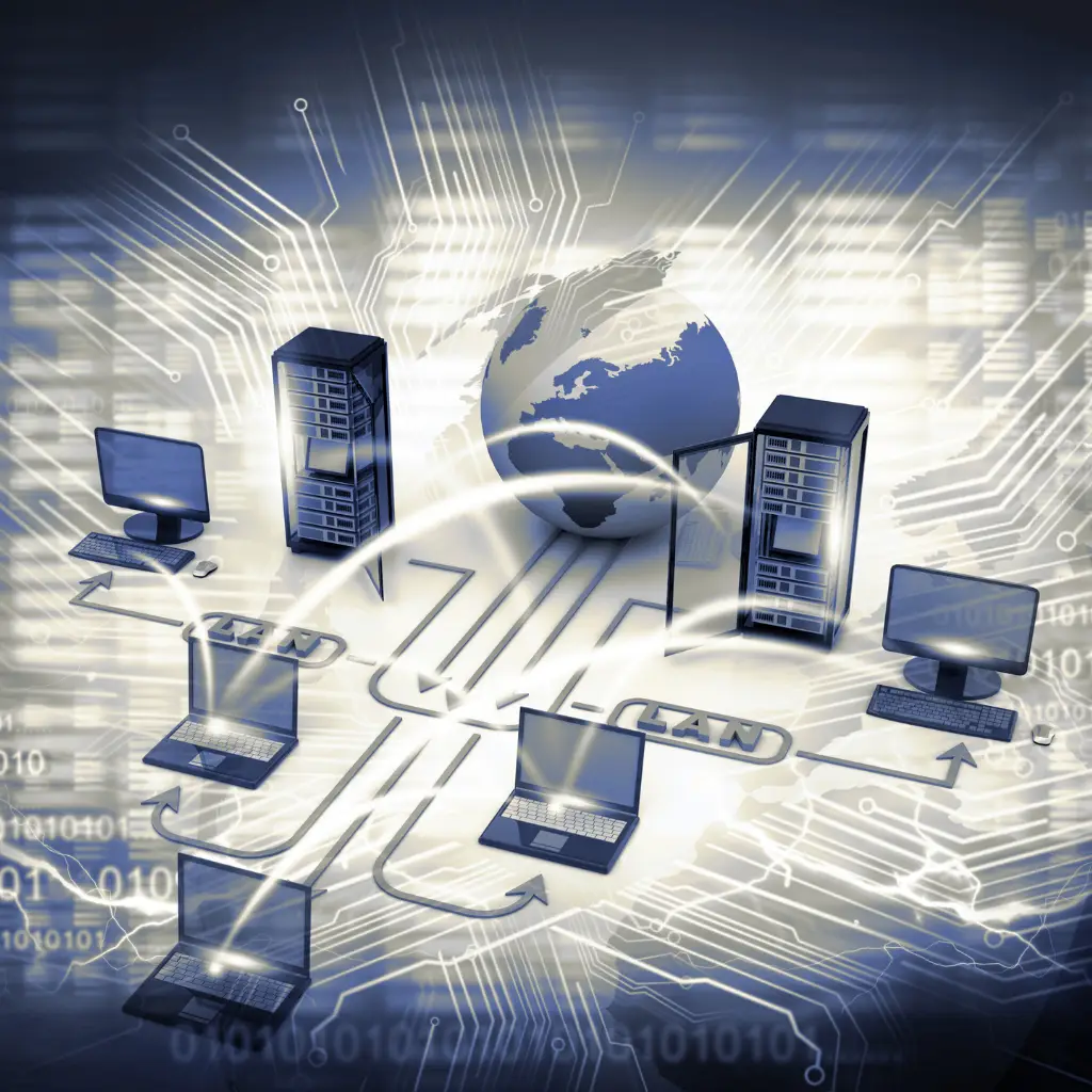 Global AS2 network illustration showing secure data exchange between servers and computers over the internet for EDI file transfers.