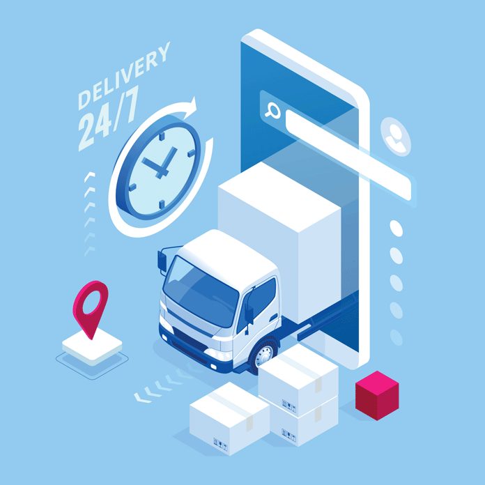 Vector image of truck that says "Delivery 24/7"