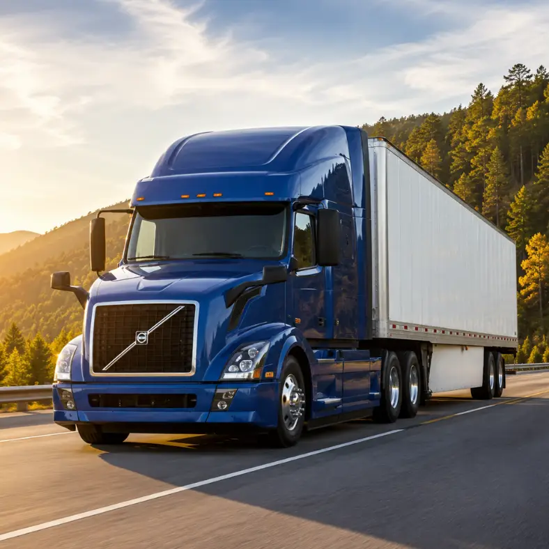 Image of truck with blue cab and white trailer on highway promoting Canadian TMS, Aviel Solutions