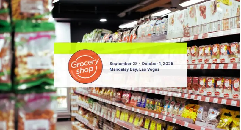 Image of grocery aisles with the logo for GroceryShop 2025