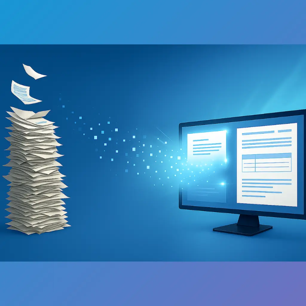 Example of document converison services - a pile of invoices and bills of lading being transformed into digital EDI compliant data