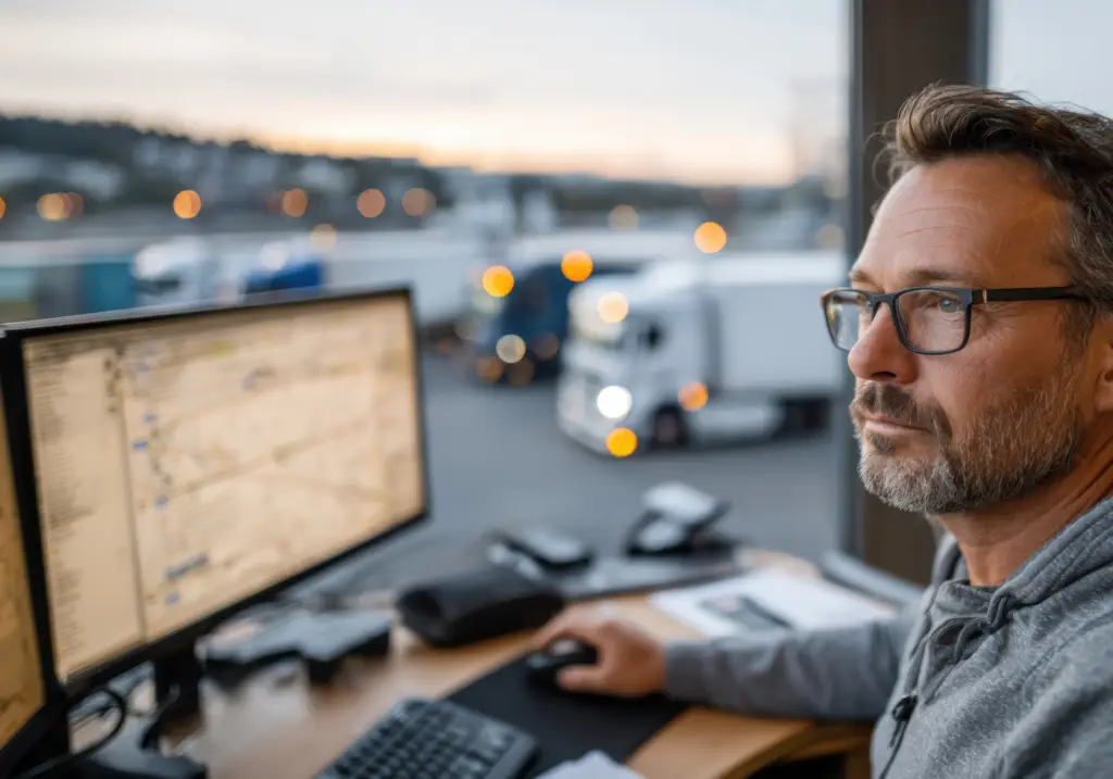 Transportation manager at large shipper working at desktop computer