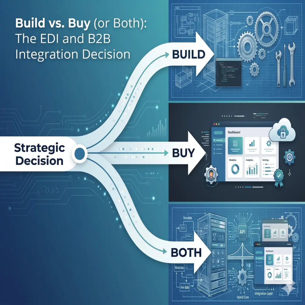 An infographic titled "Build vs. Buy (or Both): The EDI and B2B Integration Decision." It shows a flowchart for a "Strategic Decision" leading to three options: "BUILD" with an in-house blueprint and development icons; "BUY" with a polished SaaS dashboard and cloud icons; and "BOTH" with a hybrid approach combining in-house servers and outsourced API/dashboard solutions. The image illustrates the trade-offs in EDI outsourcing and internal development.