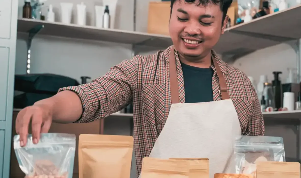 Retailer stocking shelves with trail mix, nuts, and other consumer packaged goods.